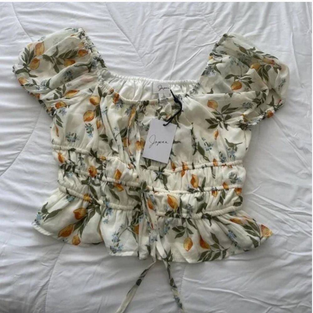 Puff Ruffled Floral Flower Cottage Smocked Girly Summer Spring Crop Blouse Top